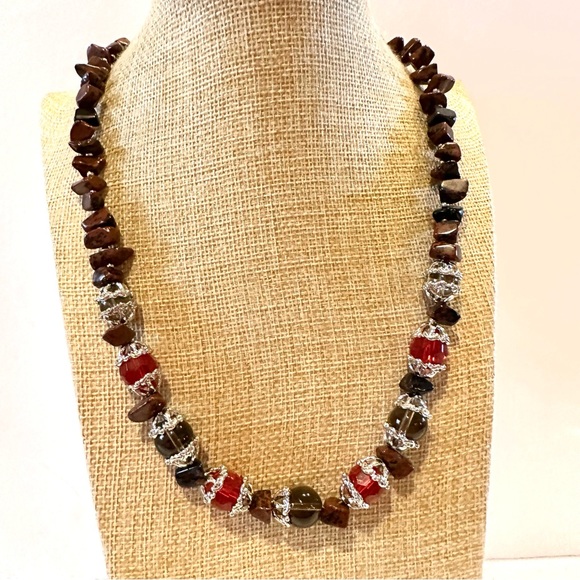 Genuine Gemstone & Glass Bead Necklace- silver tone w/ tigers eye / red & gray - Picture 2 of 10